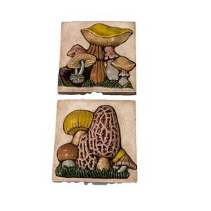 Vintage 1970's Ceramic Mushroom 3D Wall Hanging Chalkware Art Hand Painted Pair